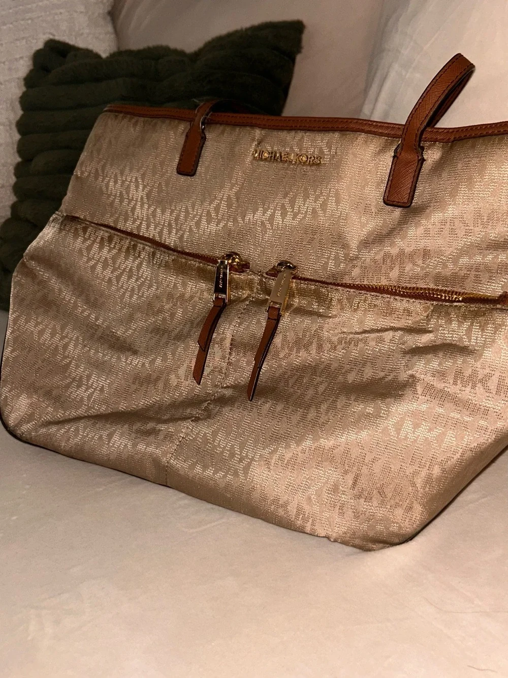Michael Kors Gold Champagne Tote with Brown Trim and Logo Jacquard